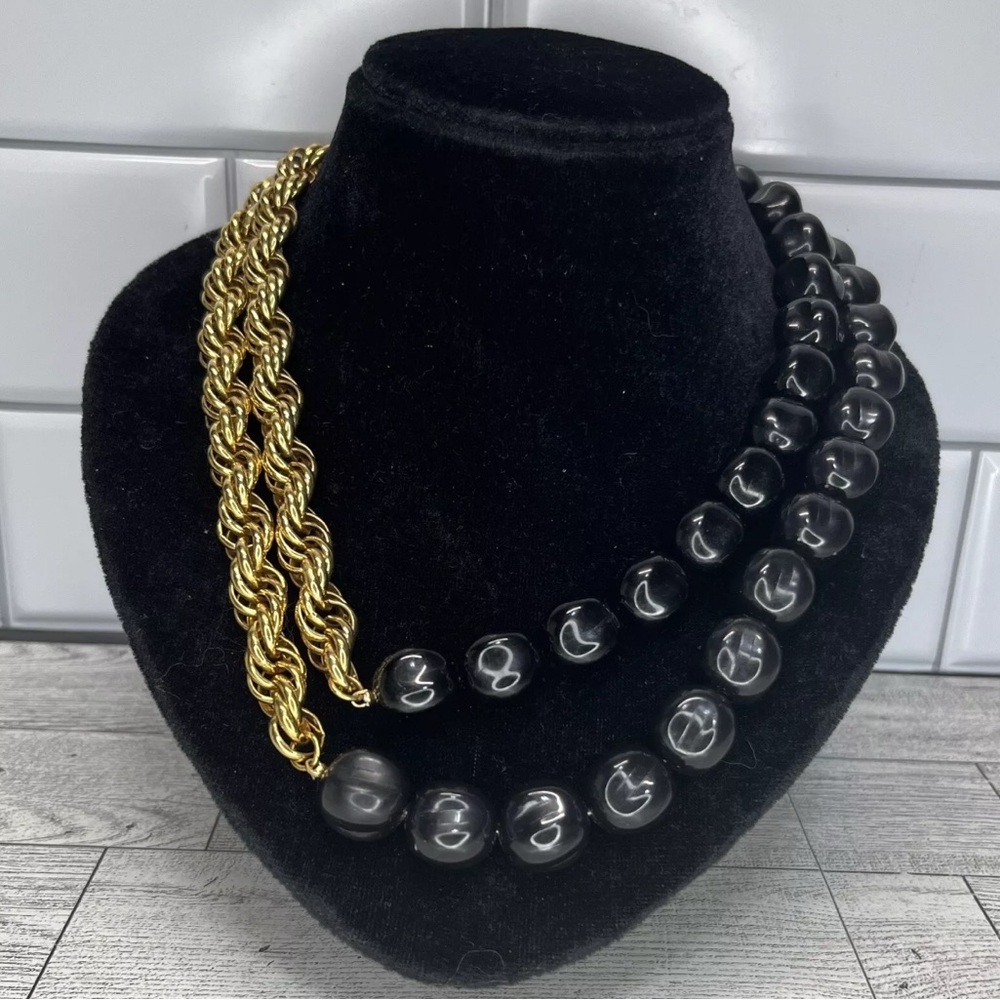Vintage Monet Black Lucite Beads & Rope Gold Metal Necklace